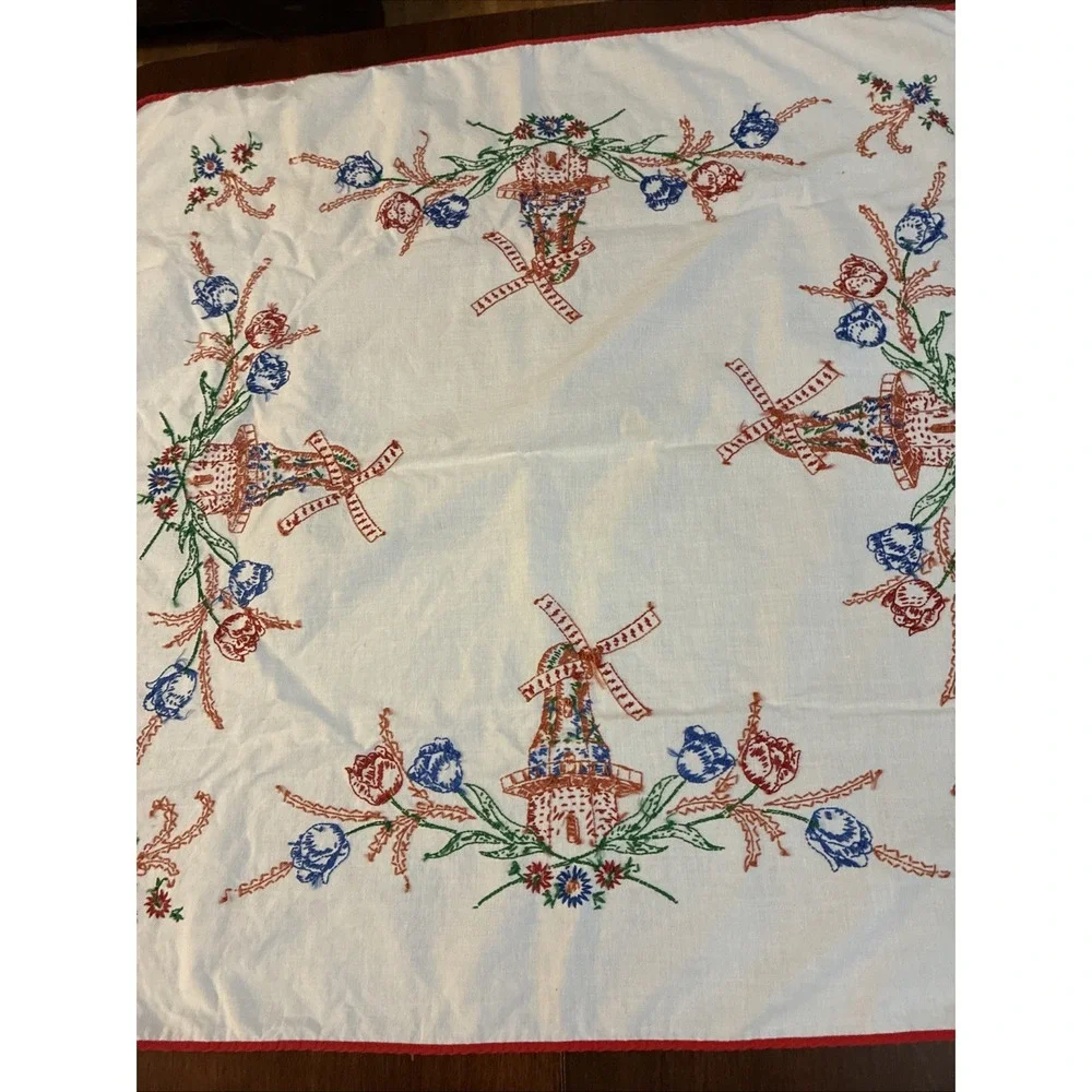 VTG White Linen Table Topper Hand Embroidered Tulips Windmills 32x33